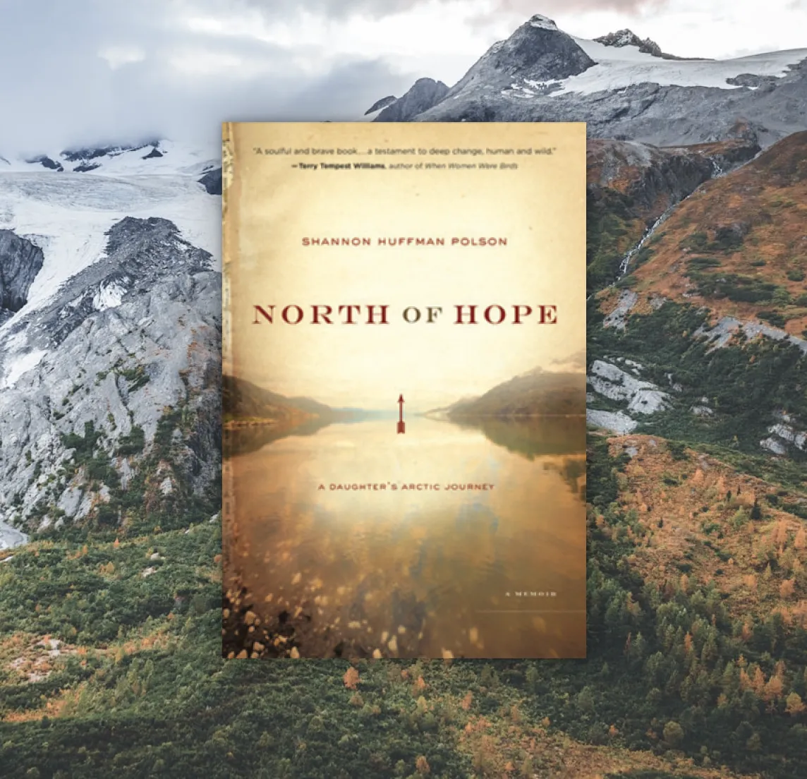 Book cover shown over a mountain landscape