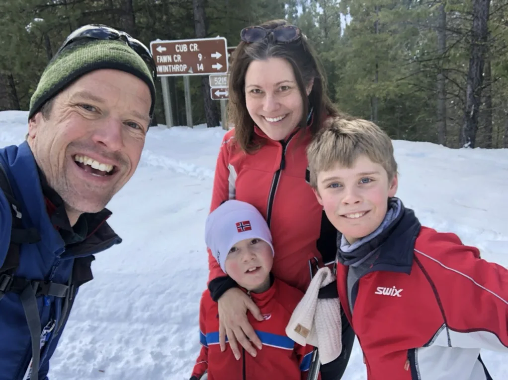 Shannon Huffman Polson and her family on a snowy trail near Winthrop, Washington
