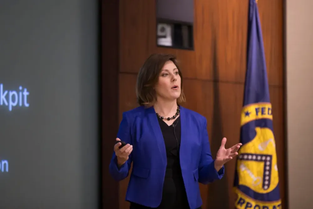 Shannon Huffman Polson delivering a leadership keynote